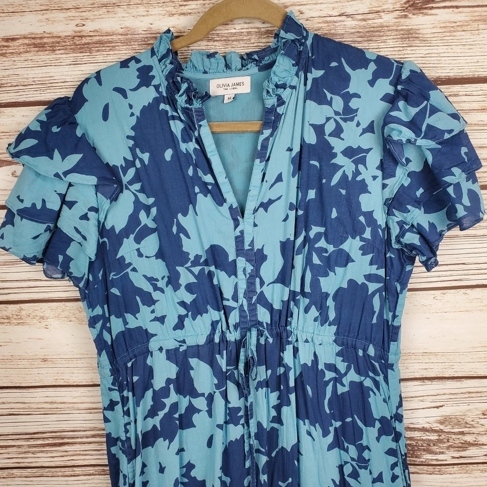 Olivis James The Label Medium "Delia" Night Shadow Blue Ruffle Midi Dress #119 - Picture 3 of 12